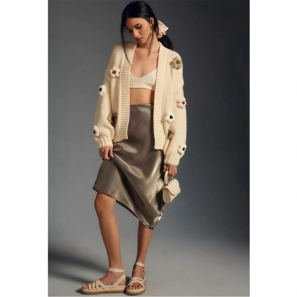 Anthropologie Duchamp The Susannah 3D Flower Cardigan Sweater In Cream S/M